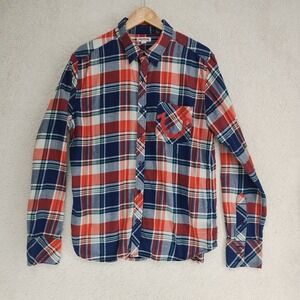 True Religion Shirt Mens XL Plaid Long Sleeve Button Up Back Graphic Red Navy